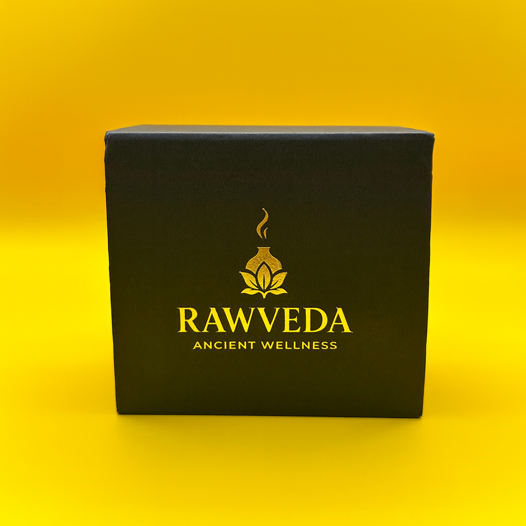 Black box with RAWVEDA logo on a yellow background